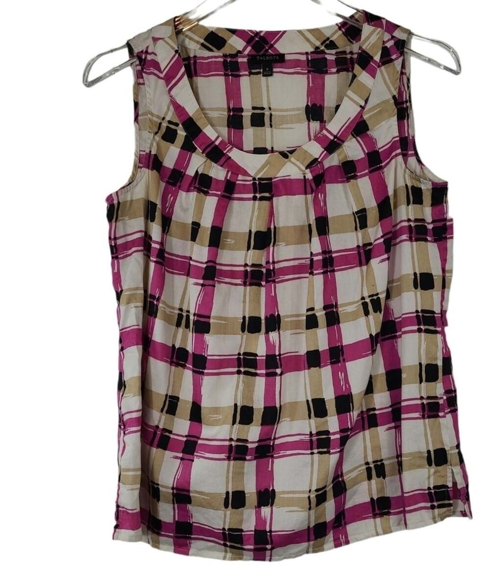 Talbots WMS SZ 6 Pink Black Tan & White Scoop Neck Tank Top 100% Cotton